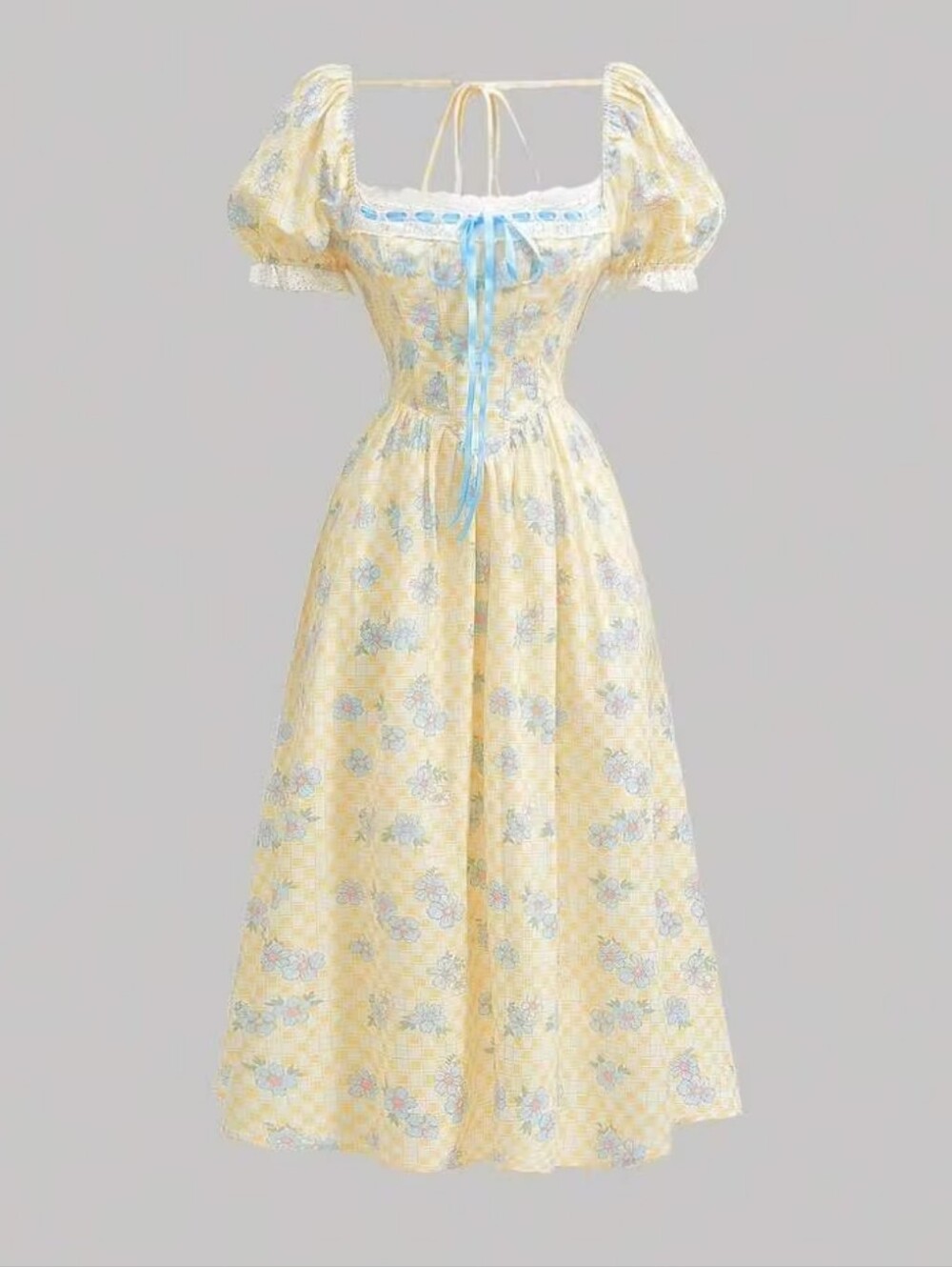 Cottagecore Vintage Floral Checked Corset Flowy Maxi Dress Medium NWOT